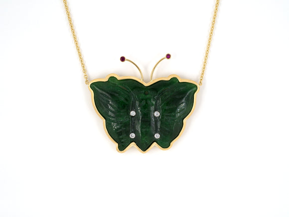 45317 - Platinum Gold Carved GIA Jadeite Diamond Ruby Butterfly Pendant Necklace