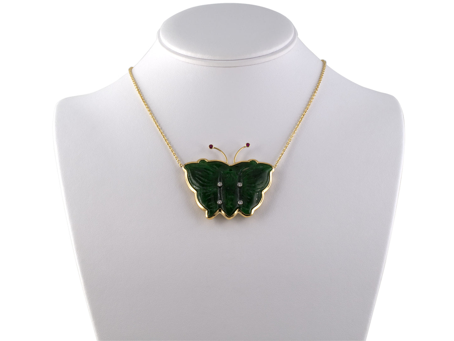 45317 - Platinum Gold Carved GIA Jadeite Diamond Ruby Butterfly Pendant Necklace