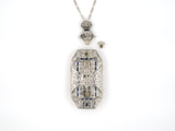 45321 - SOLD - Art Deco Platinum Diamond Synthetic Sapphire Stamped Filigree Removable Pendant Bail Necklace Pin
