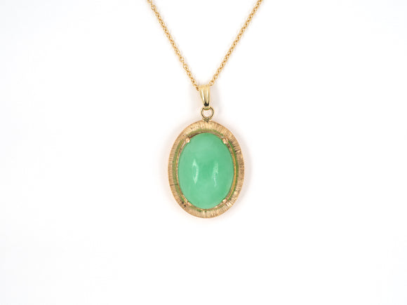 45322 - SOLD - Gold Oval Cabochon Jadeite Florentined Frame Pendant Necklace