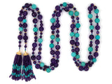 45323 - SOLD - Single Strand Turquoise And Faceted Amethyst Bead Lariat Necklace With Tassels And Gold Beaded Rondels And Gold Diamond Caps