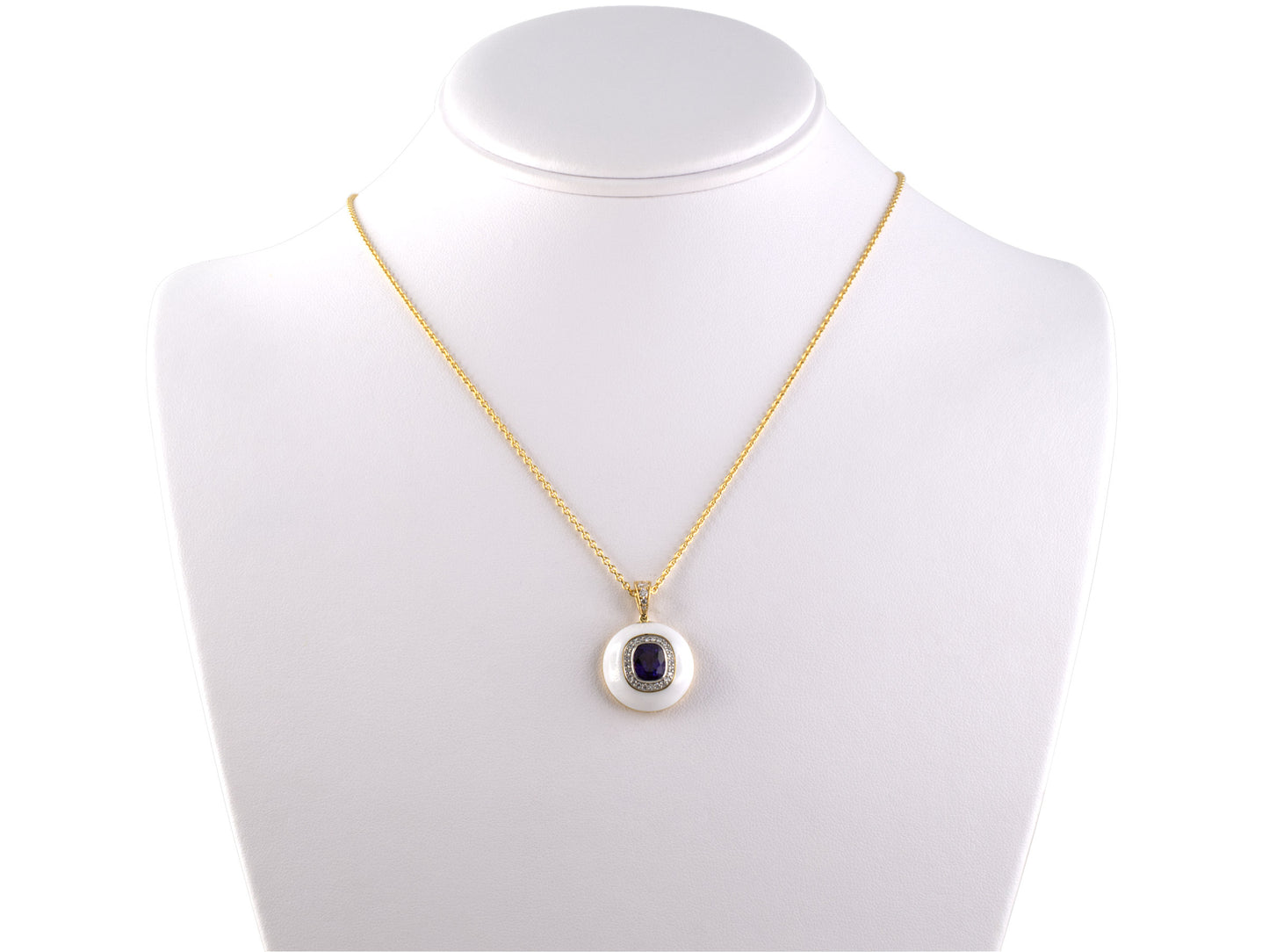 45328 - Platinum Gold Diamond AGL Pinkish Purple Sapphire White Enamel Pendant Necklace