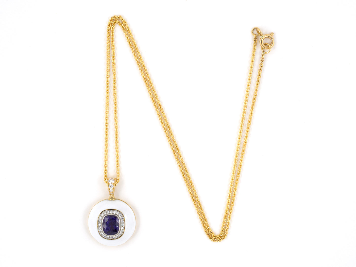 45328 - Platinum Gold Diamond AGL Pinkish Purple Sapphire White Enamel Pendant Necklace
