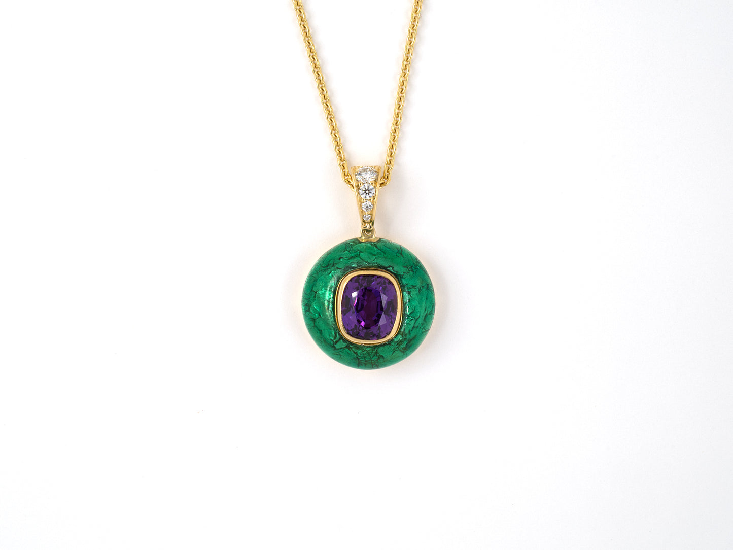 45329 - Gold Diamond Pinkish Purple Sapphire AGL Madagascar Green Enamel Pendant Necklace