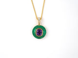 45329 - Yellow Gold Diamond Pinkish Purple Sapphire AGL Madagascar Green Enamel Pendant Necklace