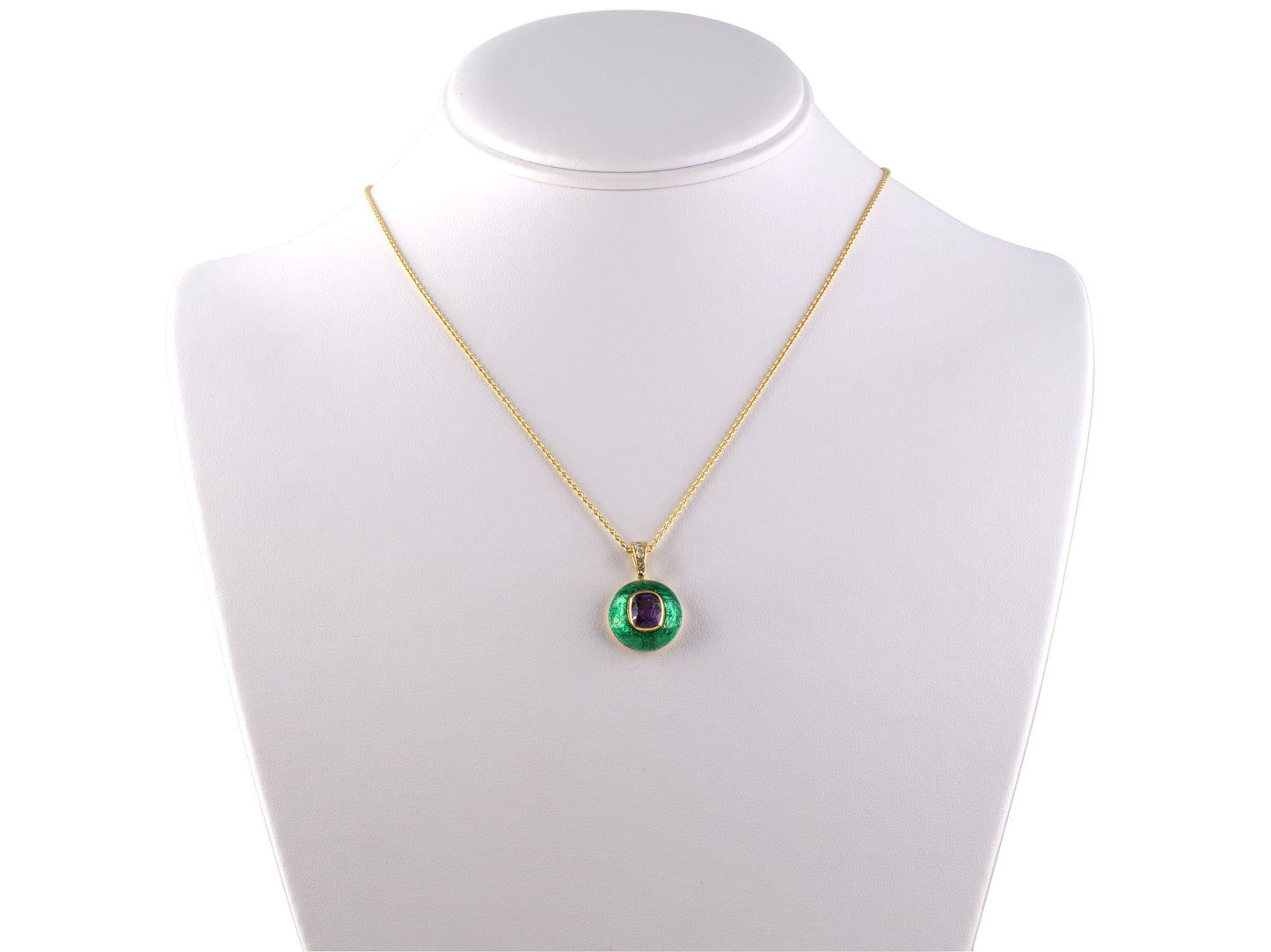 45329 - Gold Diamond Pinkish Purple Sapphire AGL Madagascar Green Enamel Pendant Necklace
