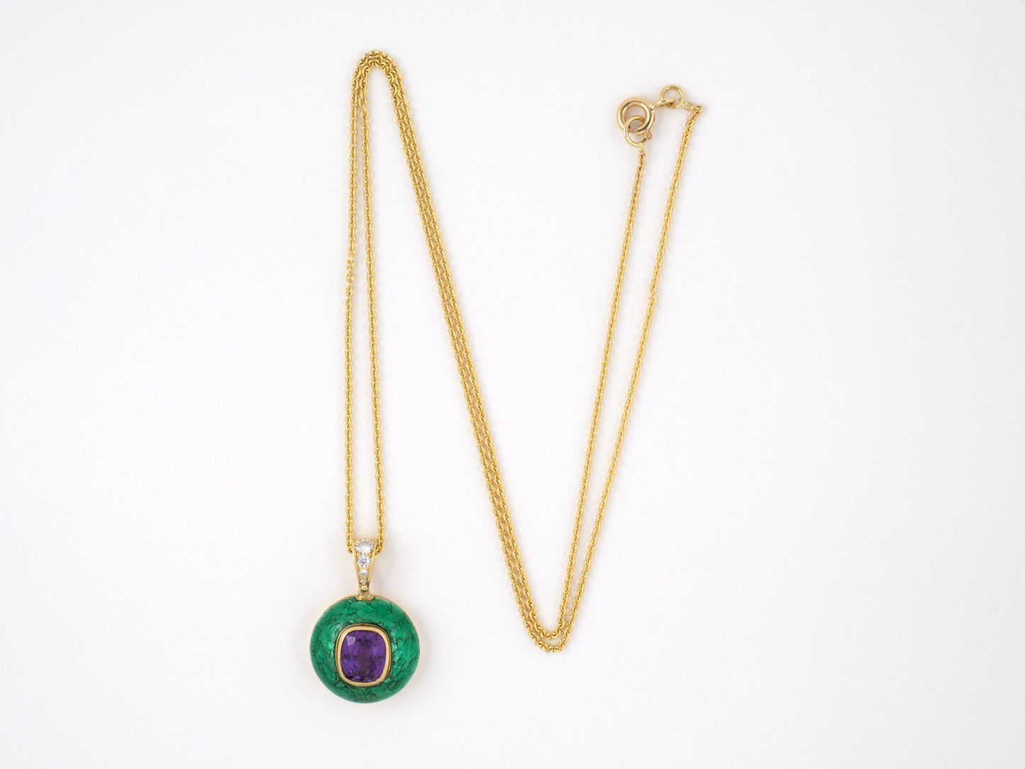 45329 - Gold Diamond Pinkish Purple Sapphire AGL Madagascar Green Enamel Pendant Necklace