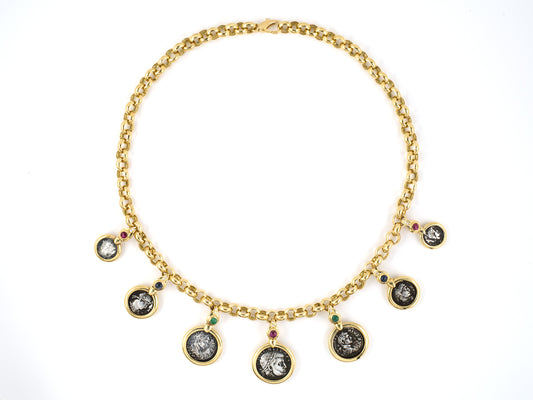 45333 - Italy Gold Diamond Silver Coin Ruby Emerald Sapphire Round Link Festoon Necklace