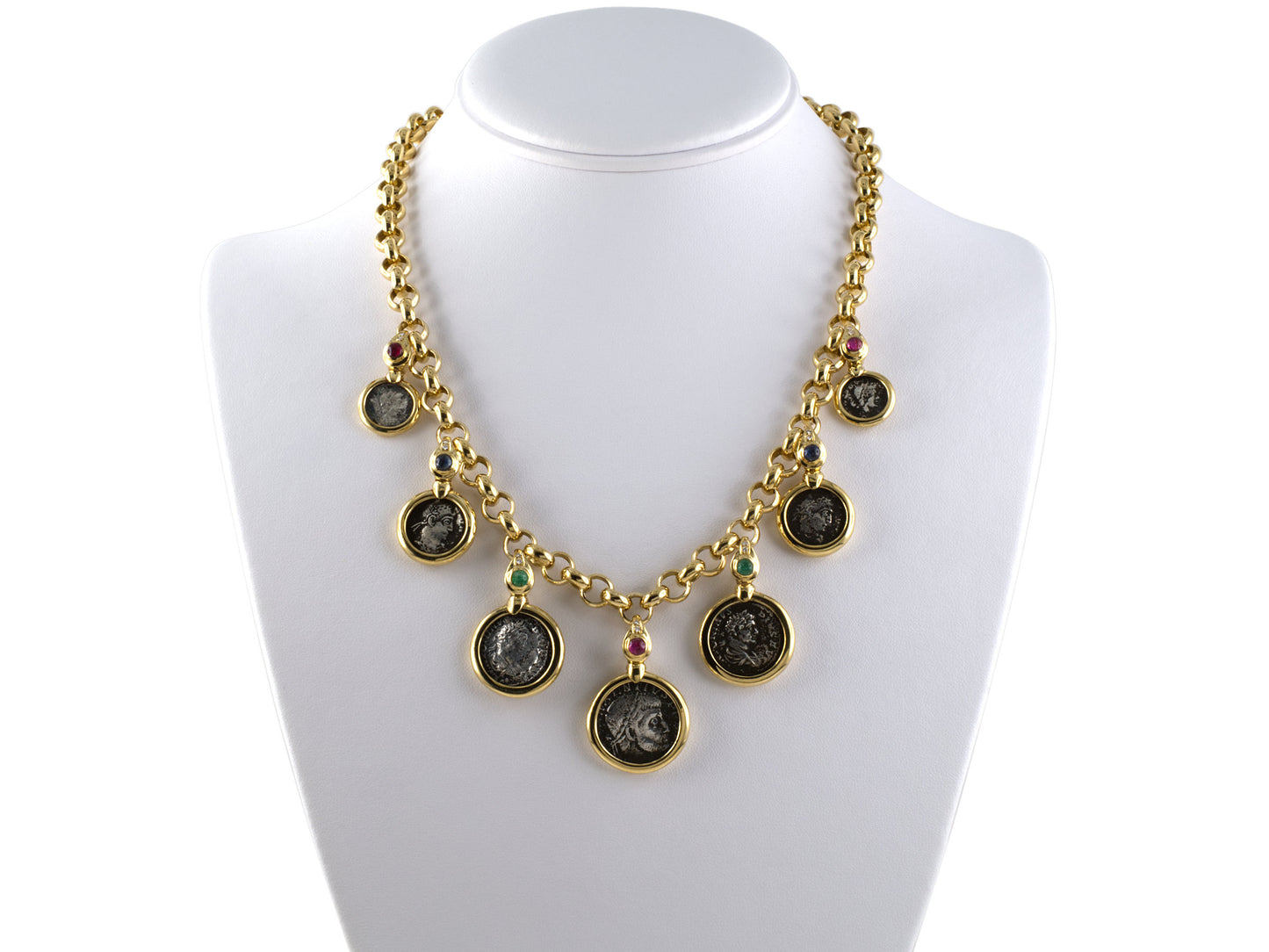45333 - Italy Gold Diamond Silver Coin Ruby Emerald Sapphire Round Link Festoon Necklace