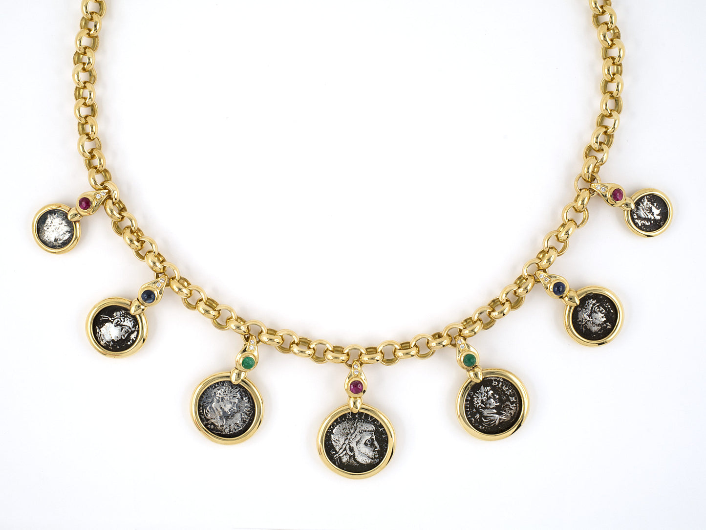 45333 - Italy Gold Diamond Silver Coin Ruby Emerald Sapphire Round Link Festoon Necklace