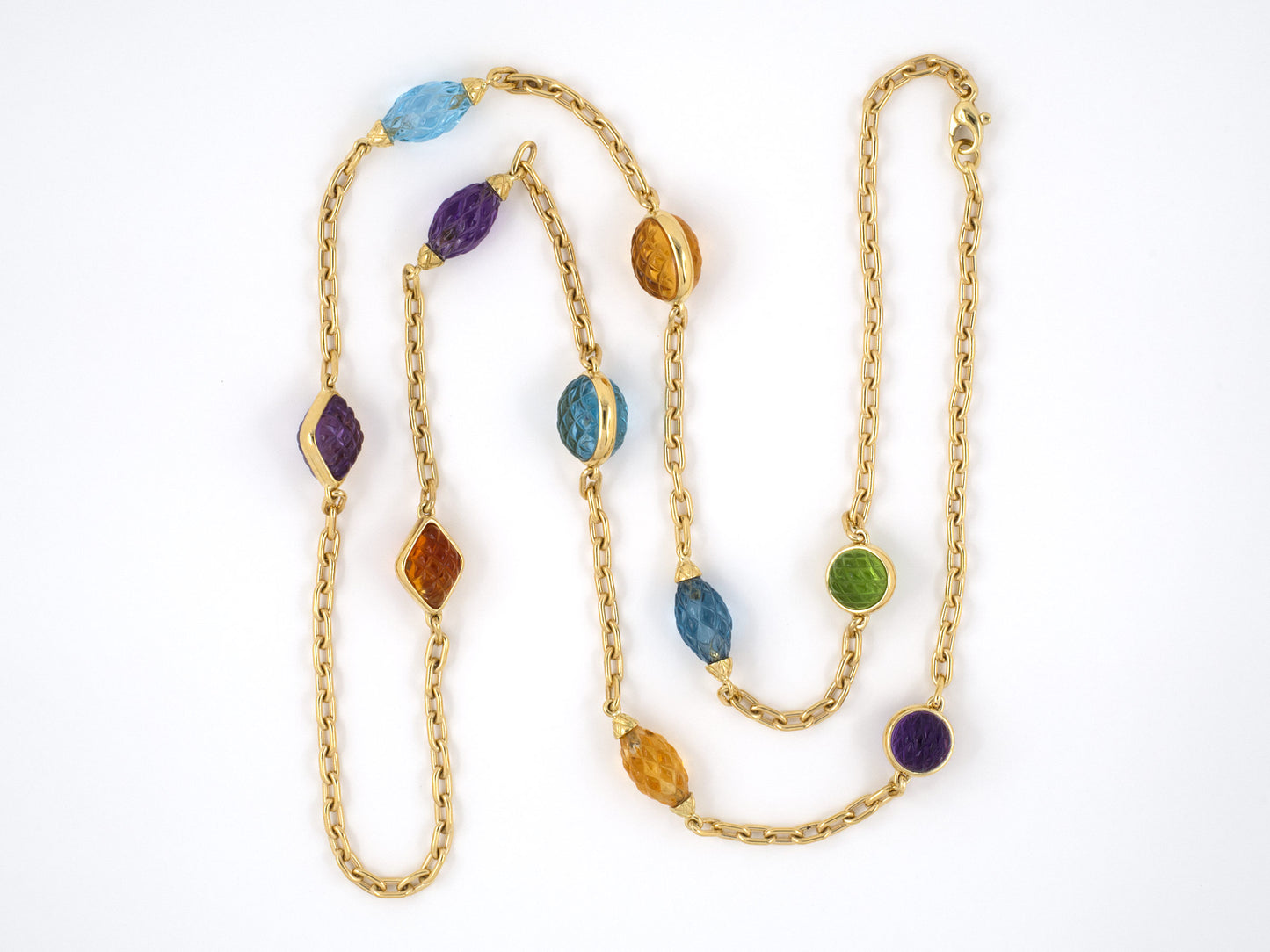 45336 - SOLD - Italy Gold Amethyst Citrine Peridot Blue Topaz Carved Stone Ornament Necklace