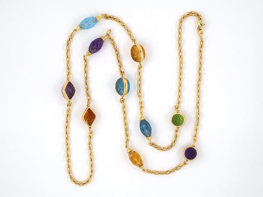 45336 - SOLD - Italy Gold Amethyst Citrine Peridot Blue Topaz Carved Stone Ornament Necklace