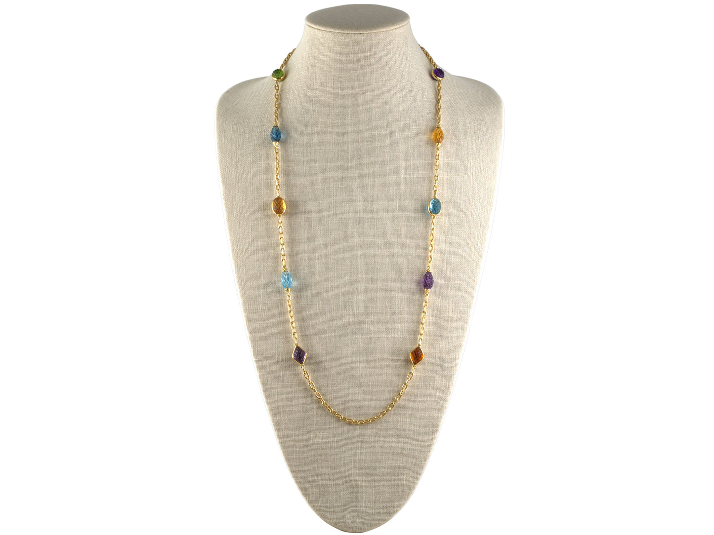 45336 - SOLD - Italy Gold Amethyst Citrine Peridot Blue Topaz Carved Stone Ornament Necklace