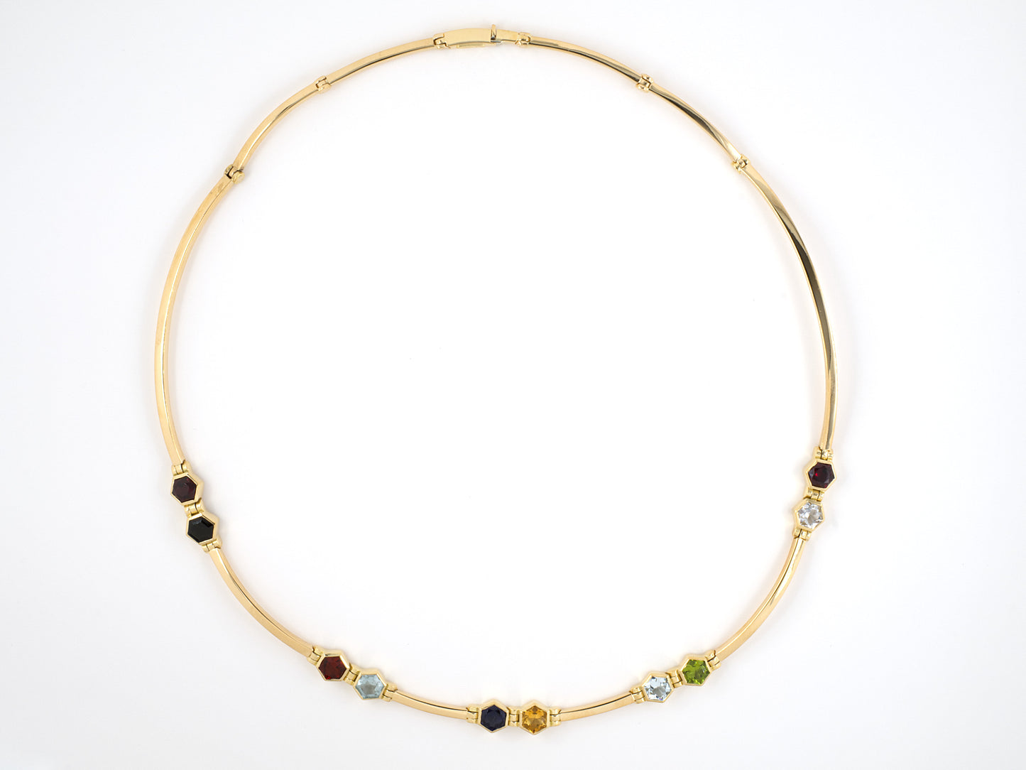 45339 - Italy Gold Hexagon Garnet Citrine Tourmaline Aqua Iolite Topaz Peridot Quartz   Necklace