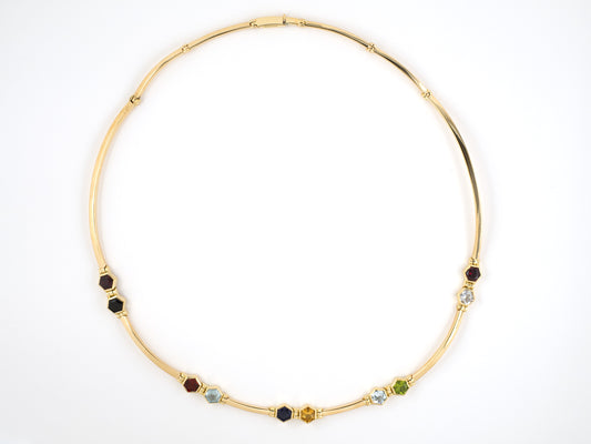 45339 - Italy Gold Hexagon Garnet Citrine Tourmaline Aqua Iolite Topaz Peridot Quartz   Necklace