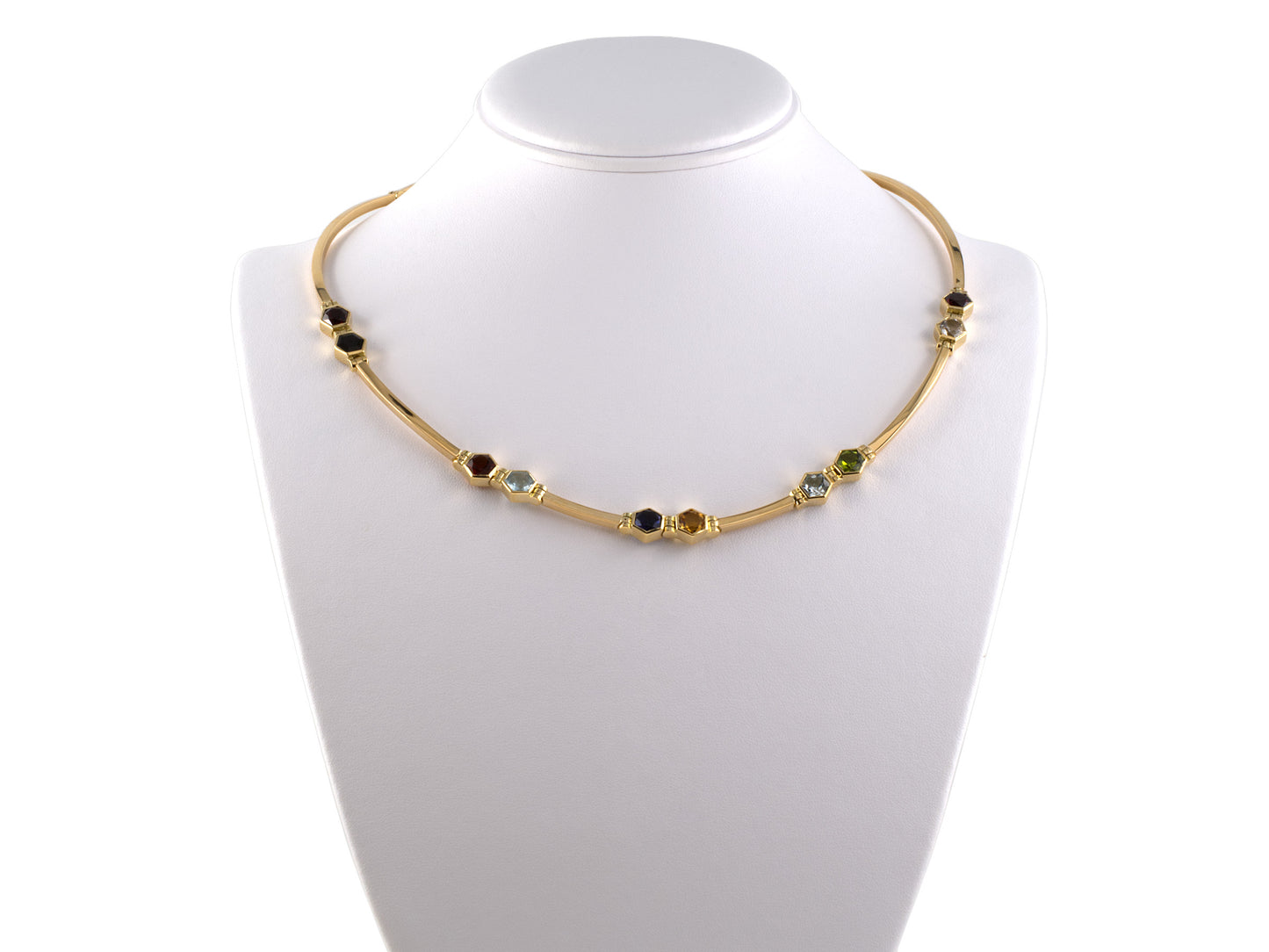 45339 - Italy Gold Hexagon Garnet Citrine Tourmaline Aqua Iolite Topaz Peridot Quartz   Necklace