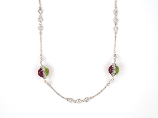 45341 - Italy Gold Diamond By The Yard Peridot Pink Tourmaline Necklace