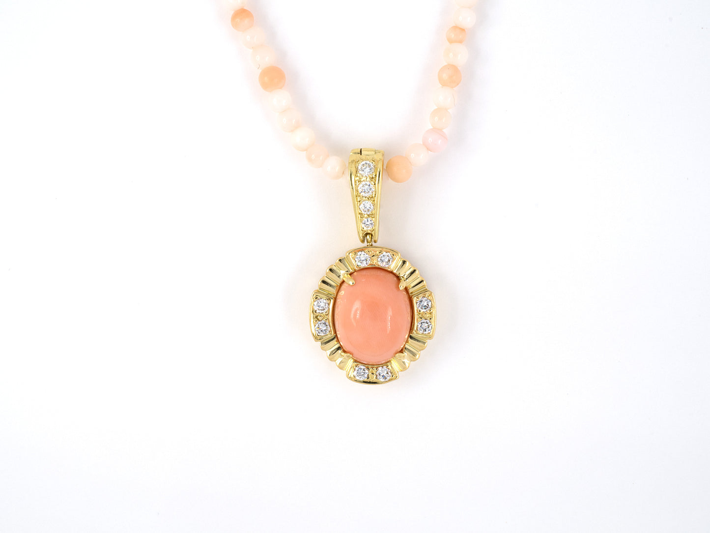 45349 - SOLD - Gold Diamond Pink Coral Detachable Pendant Coral Bead Necklace