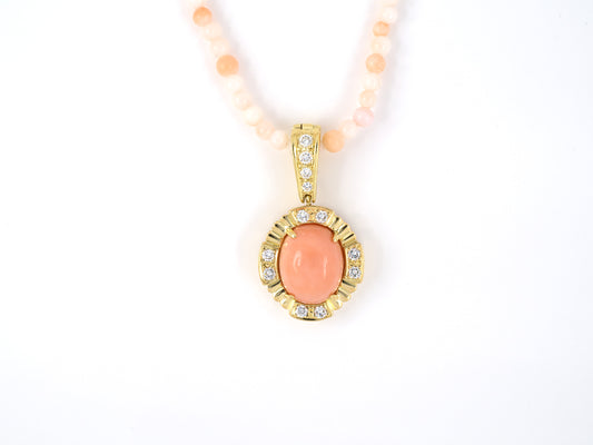 45349 - SOLD - Gold Diamond Pink Coral Detachable Pendant Coral Bead Necklace