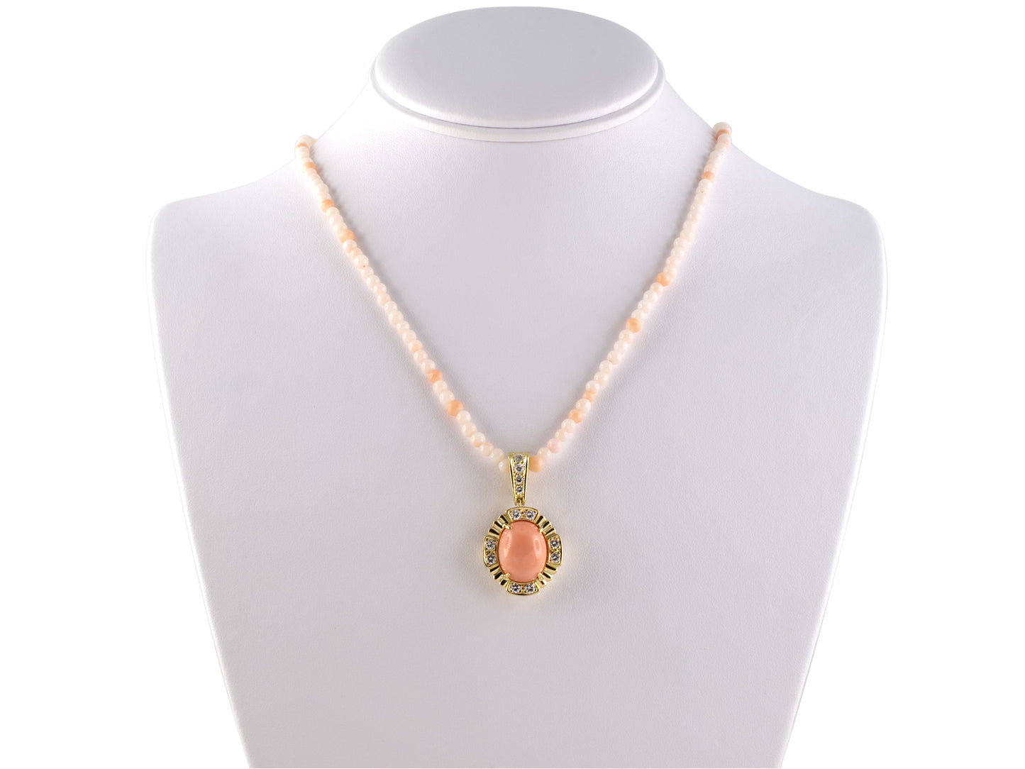 45349 - SOLD - Gold Diamond Pink Coral Detachable Pendant Coral Bead Necklace