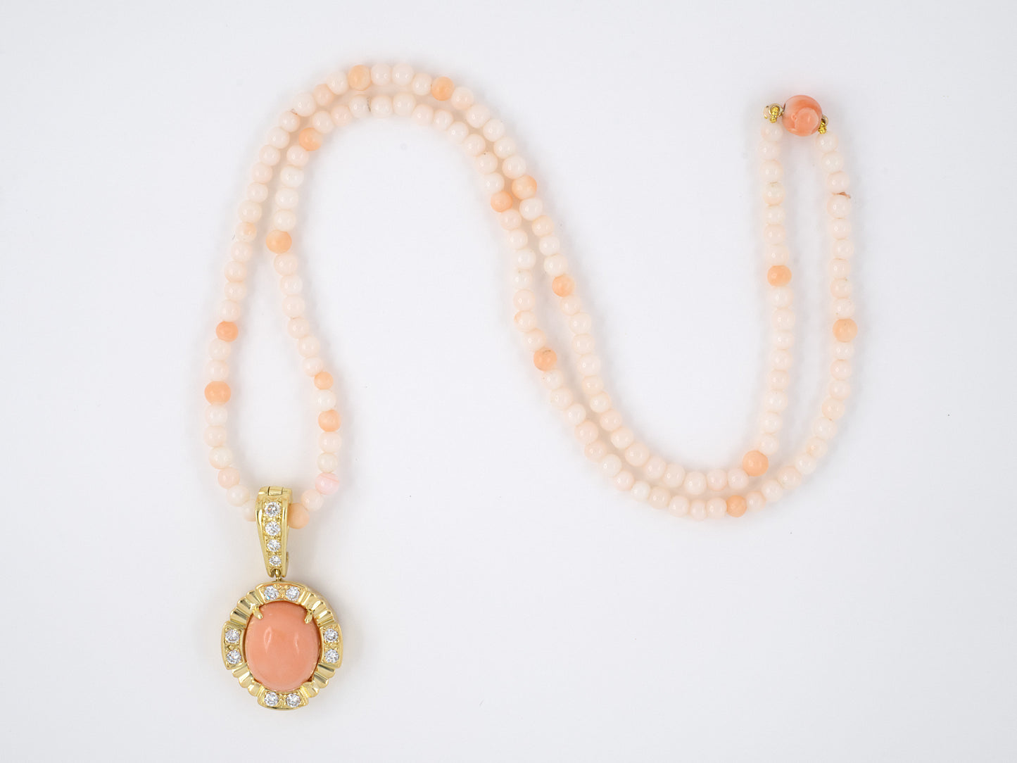 45349 - SOLD - Gold Diamond Pink Coral Detachable Pendant Coral Bead Necklace