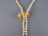 45351 - Pearl Lariat Necklace With Puffed Gold Diamond Heart Pendant