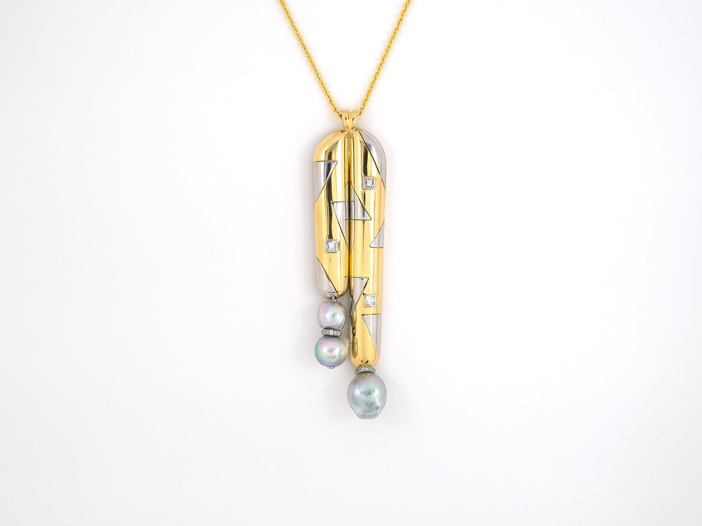 45362 - SOLD - Gold Platinum Diamond Baroque Pearl Geometric Design Drop Pendant Necklace