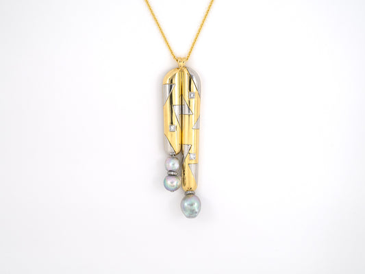45362 - SOLD - Gold Platinum Diamond Baroque Pearl Geometric Design Drop Pendant Necklace