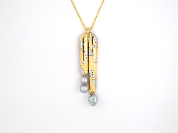 45362 - Gold Platinum Diamond Baroque Pearl Geometric Design Drop Pendant Necklace