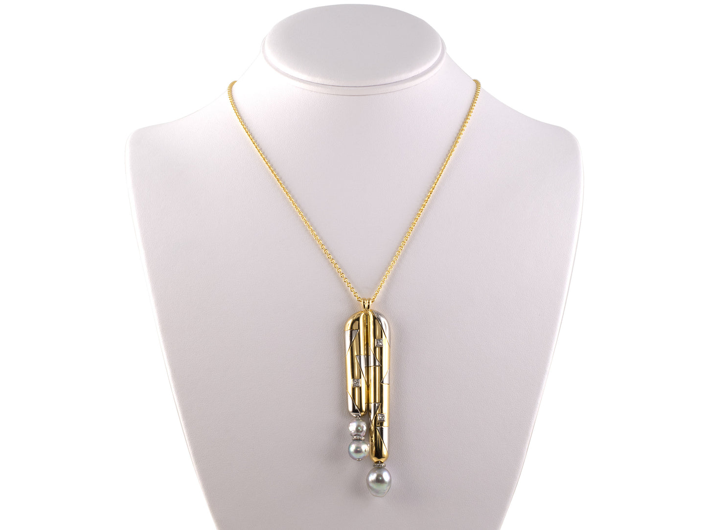 45362 - SOLD - Gold Platinum Diamond Baroque Pearl Geometric Design Drop Pendant Necklace
