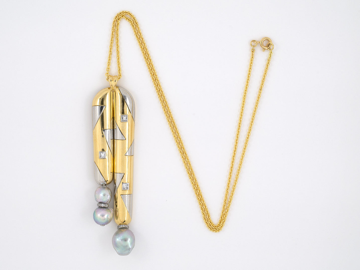 45362 - SOLD - Gold Platinum Diamond Baroque Pearl Geometric Design Drop Pendant Necklace