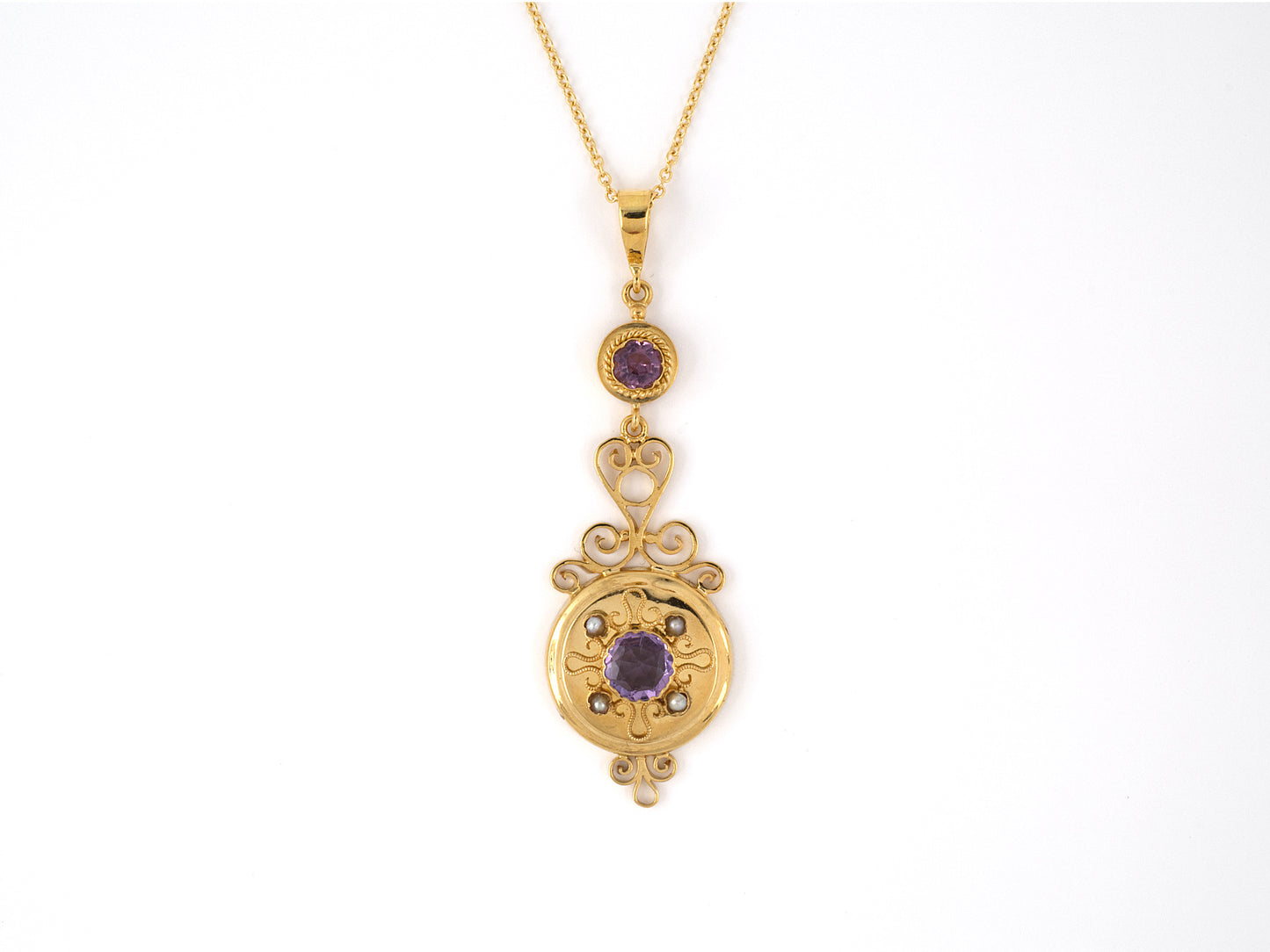 45363 - Victorian Gold Amethyst 1/2-Pearl Scroll Design Pendant Necklace