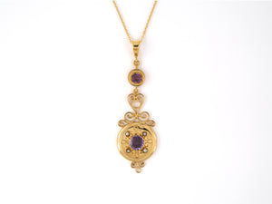 45363 - Victorian Gold Amethyst 1/2-Pearl Scroll Design Pendant Necklace