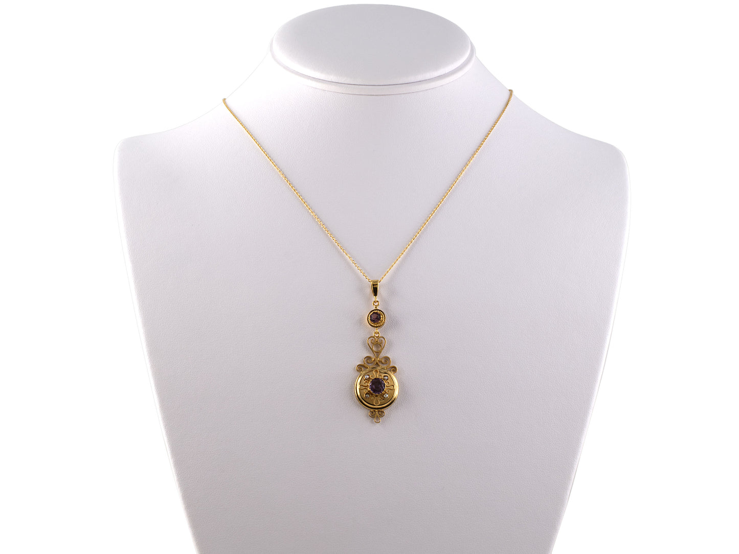 45363 - Victorian Gold Amethyst 1/2-Pearl Scroll Design Pendant Necklace