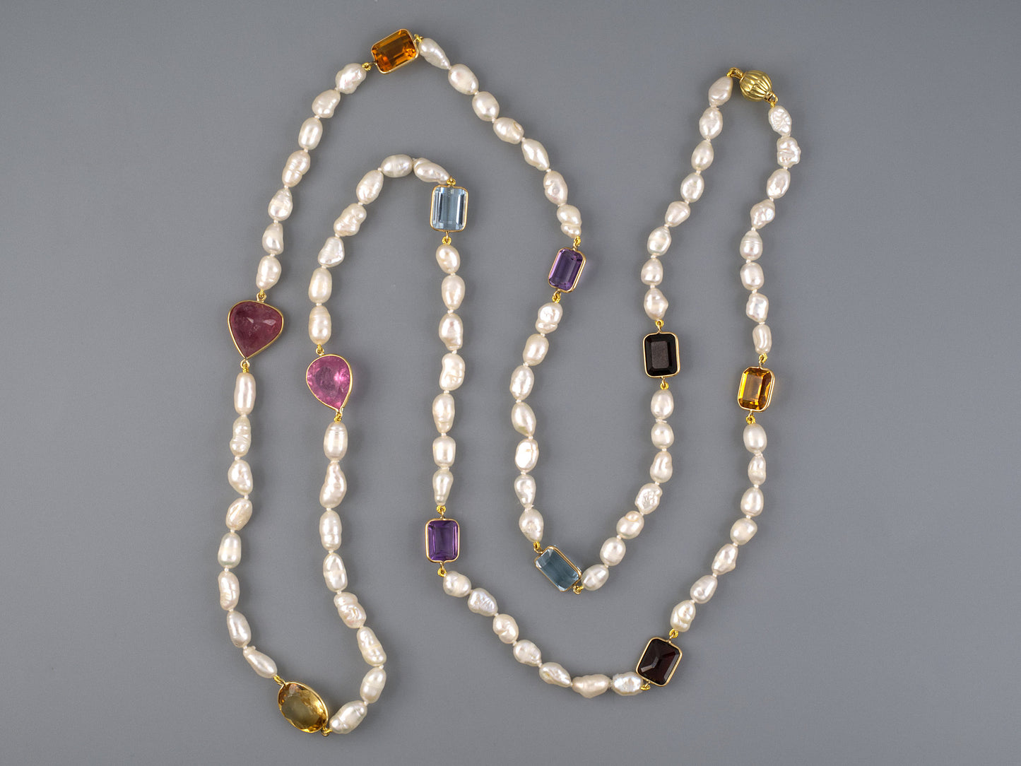 45366 - SOLD - Gold Assorted Color Stones Citrine Pink Tourmaline Amethyst Garnet Blue Topaz Freshwater Baroque Pearl Necklace