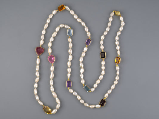 45366 - SOLD - Gold Assorted Color Stones Citrine Pink Tourmaline Amethyst Garnet Blue Topaz Freshwater Baroque Pearl Necklace