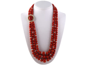 45368 - Triple Strand Nesting Graduated Coral Bead White Enamel Rondel Gold Platinum Diamond Coral Cluster Clasp Converts To Pendant Necklace