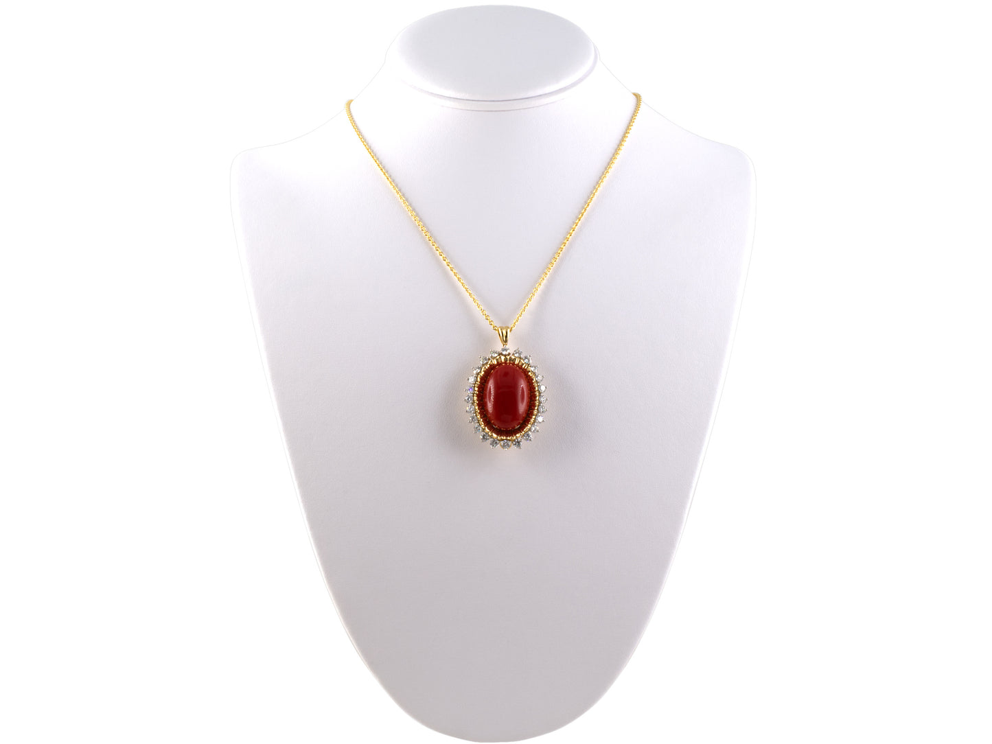 45368 - Triple Strand Nesting Graduated Coral Bead White Enamel Rondel Gold Platinum Diamond Coral Cluster Clasp Converts To Pendant Necklace