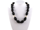 45370 - SOLD - Gumps Gold Oval Clasp Corrugated Onyx Beads Quartz Rondel Necklace