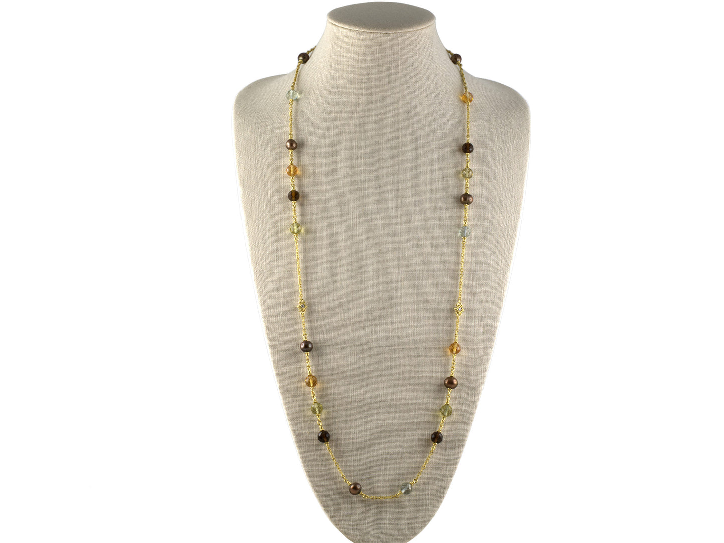 45374 - Judith Ripka Gold Diamond Brown Pearl Multi Color Quartz Beads Cable Chain Necklace