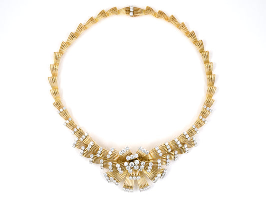 45375 - Circa 1950S Mauboussin French Platinum Gold Diamond Wire Spray Ribbon Design Necklace