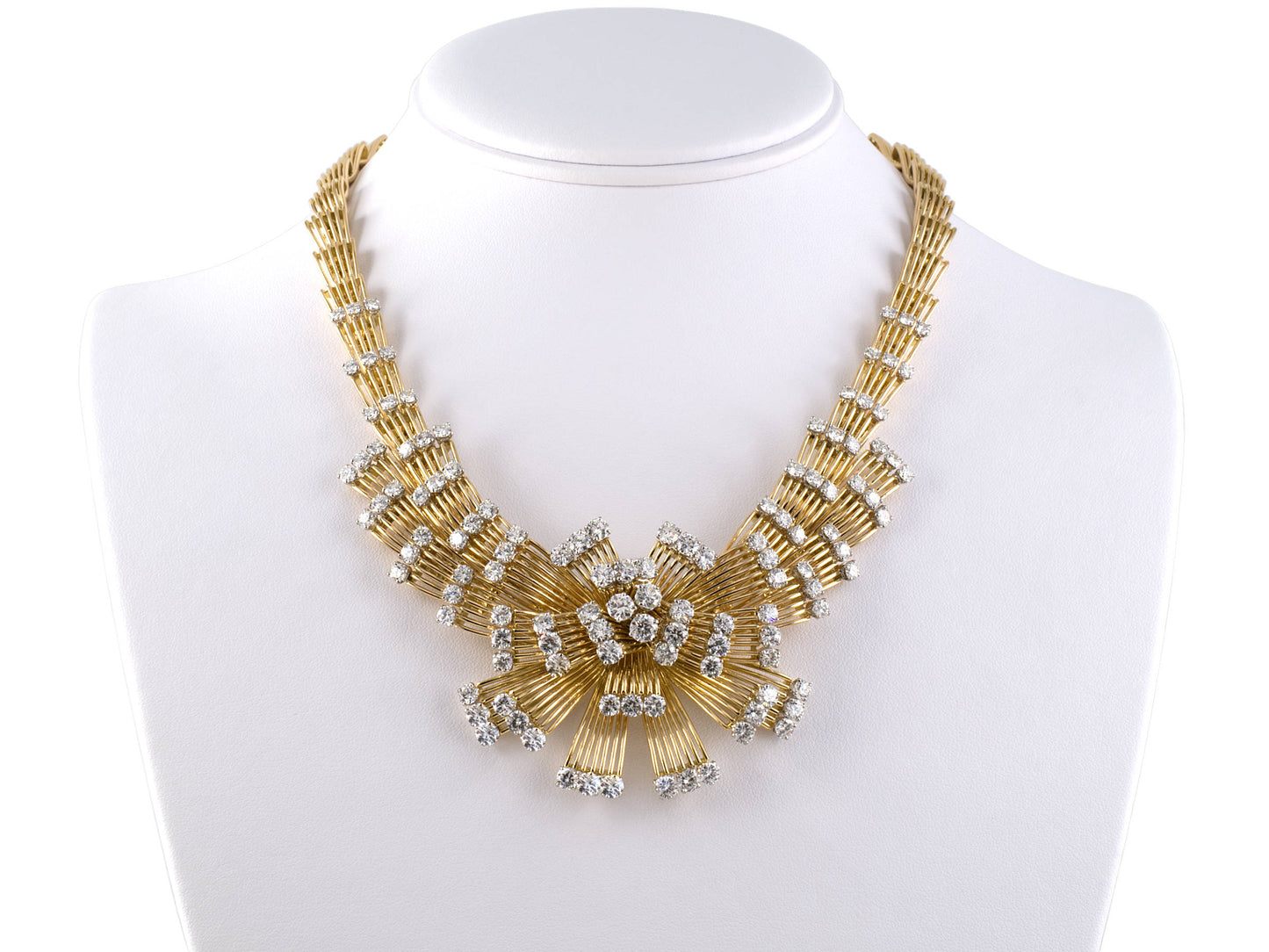 45375 - Circa 1950S Mauboussin French Platinum Gold Diamond Wire Spray Ribbon Design Necklace