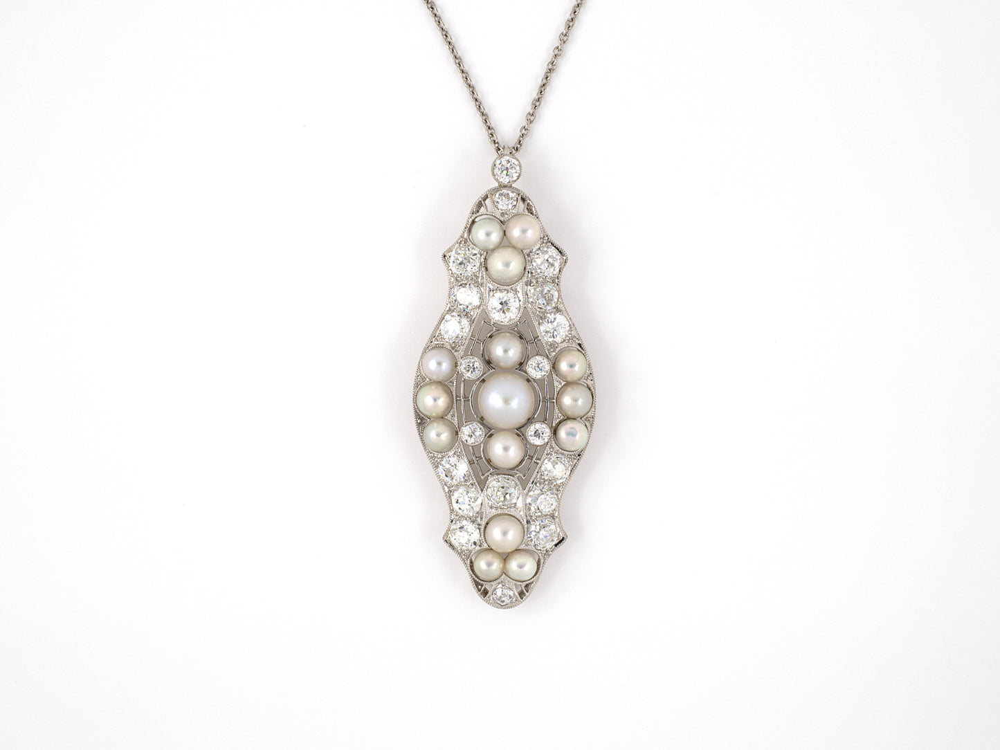45382 - Circa 1915 Platinum GIA Natural Pearl Diamond Filigree Pendant Necklace