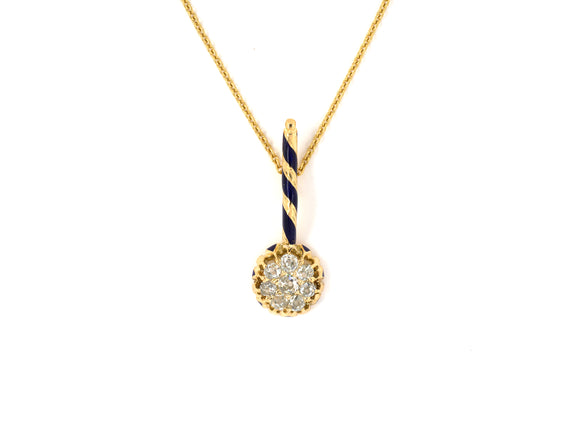 45384 - Victorian Gold Diamond Blue Enamel Cluster Drop Pendant Necklace