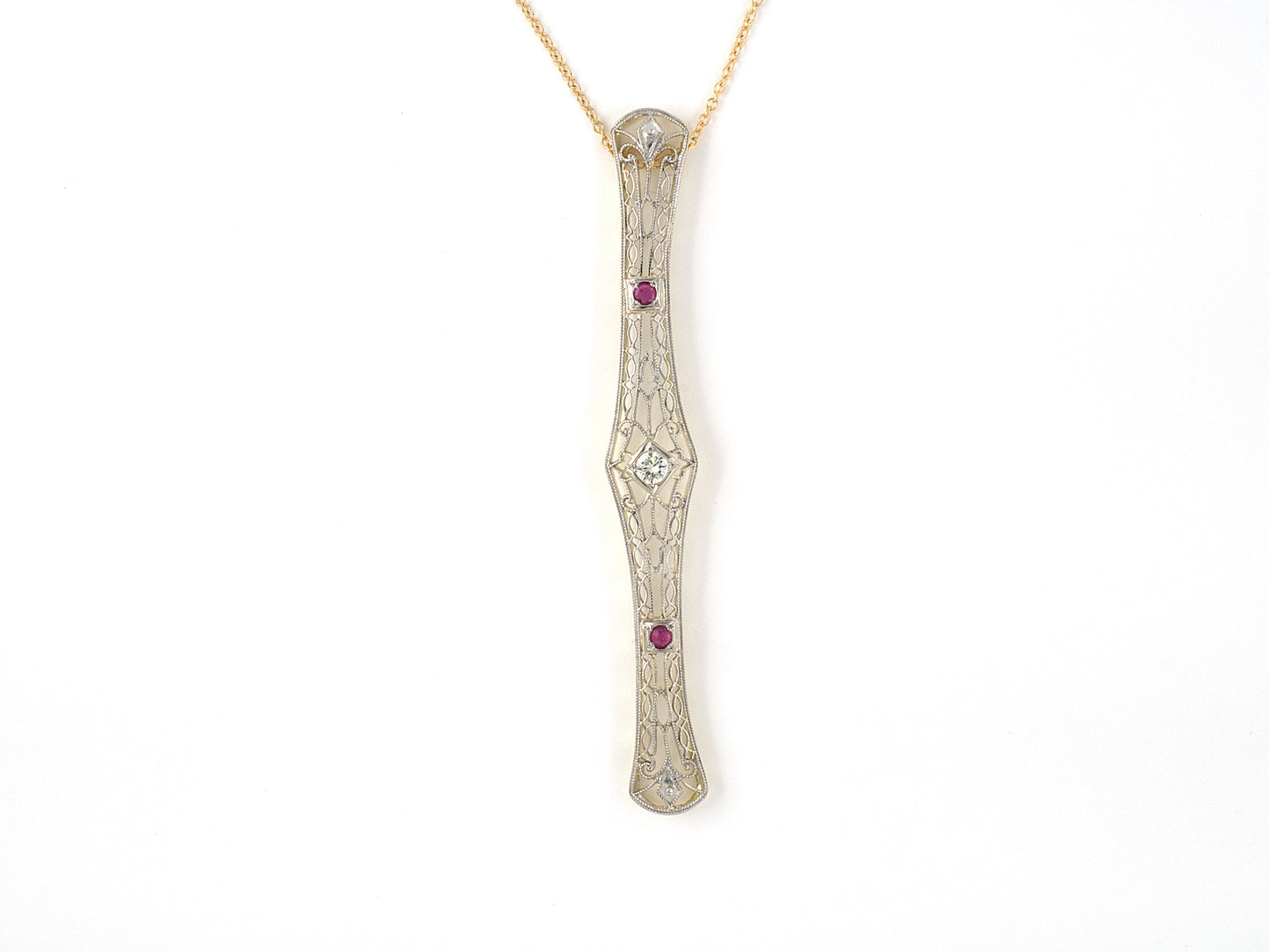 45385 - SOLD - Edwardian Platinum Gold Diamond Ruby Filigree Bar Pendant Necklace