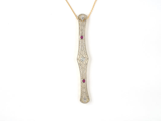 45385 - SOLD - Edwardian Platinum Gold Diamond Ruby Filigree Bar Pendant Necklace