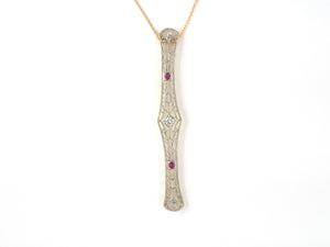 45385 - Edwardian Platinum Gold Diamond Ruby Filigree Bar Pendant Necklace