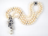 45387 - Circa 1960s Platinum Sapphire Diamond South Sea Pearl 2 Strand Drop Necklace