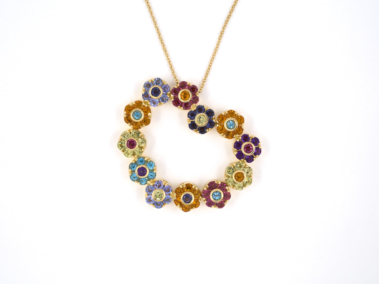45389 - SOLD - Pasquale Bruni Italy Gold Iolite Tanzanite Citrine Amethyst Blue Topaz Garnet Peridot Ruby Flower Open Heart Pendant Necklace