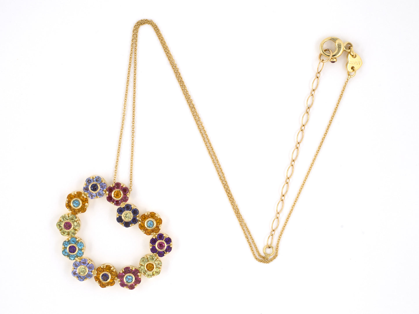 45389 - SOLD - Pasquale Bruni Italy Gold Iolite Tanzanite Citrine Amethyst Blue Topaz Garnet Peridot Ruby Flower Open Heart Pendant Necklace